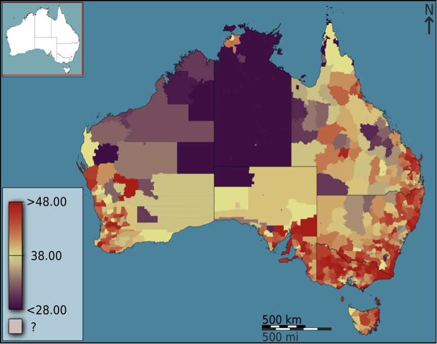Map of the median age of Australians by local area (Census 2011)